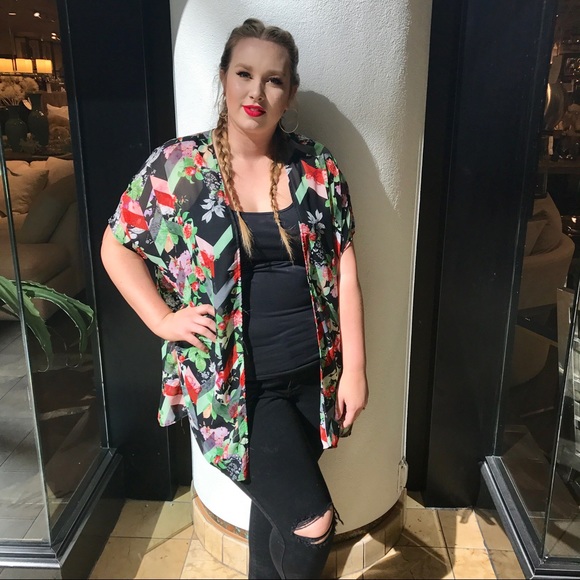 Windsor Tops - FLORAL SPRING SWIM COVER KIMONO CARDIGAN SHEER